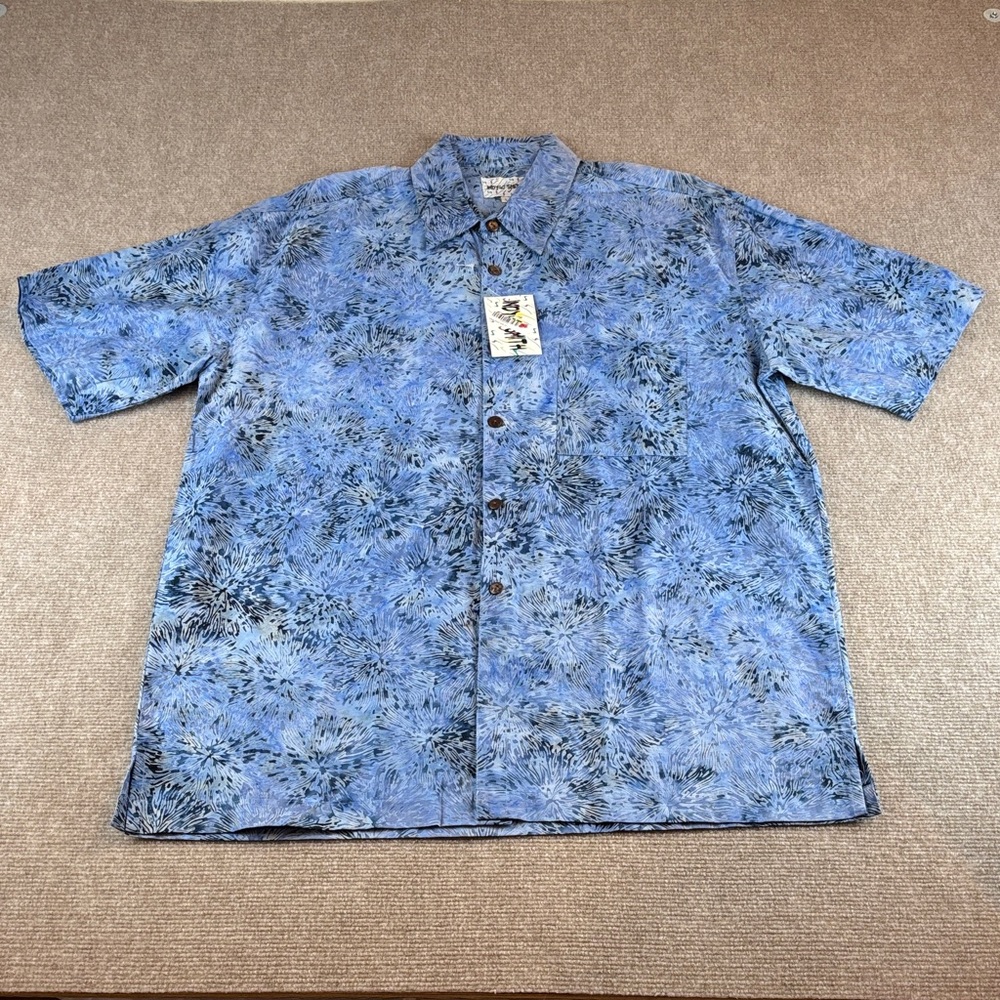Indygo Smith Short Sleeve Casual Batik Blue Patterned Button Down Shirt Lg NWT